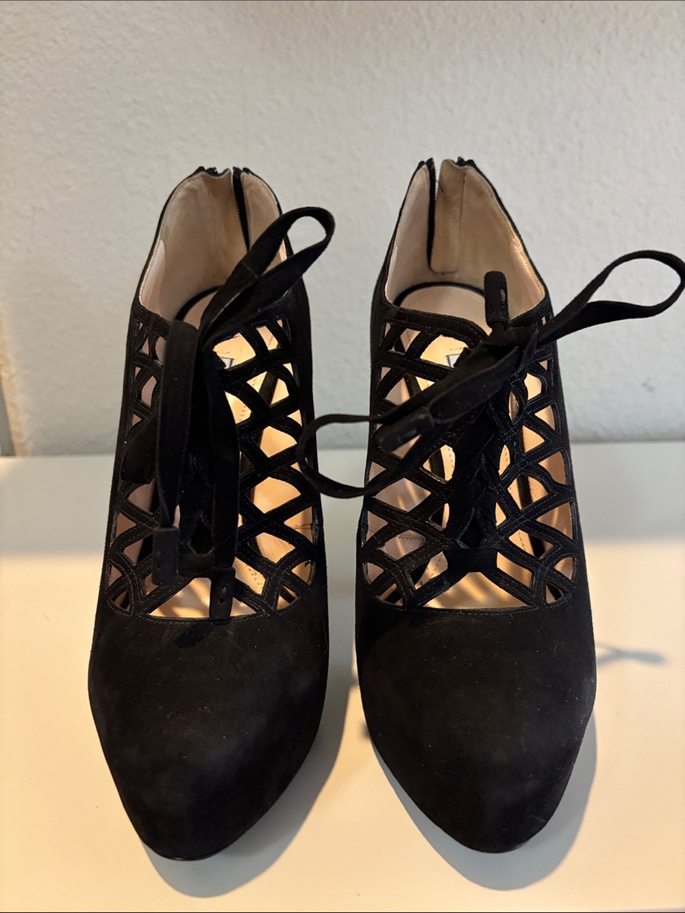 Vintage PRADA Black Suede Caged Lace-Up Platform Heels